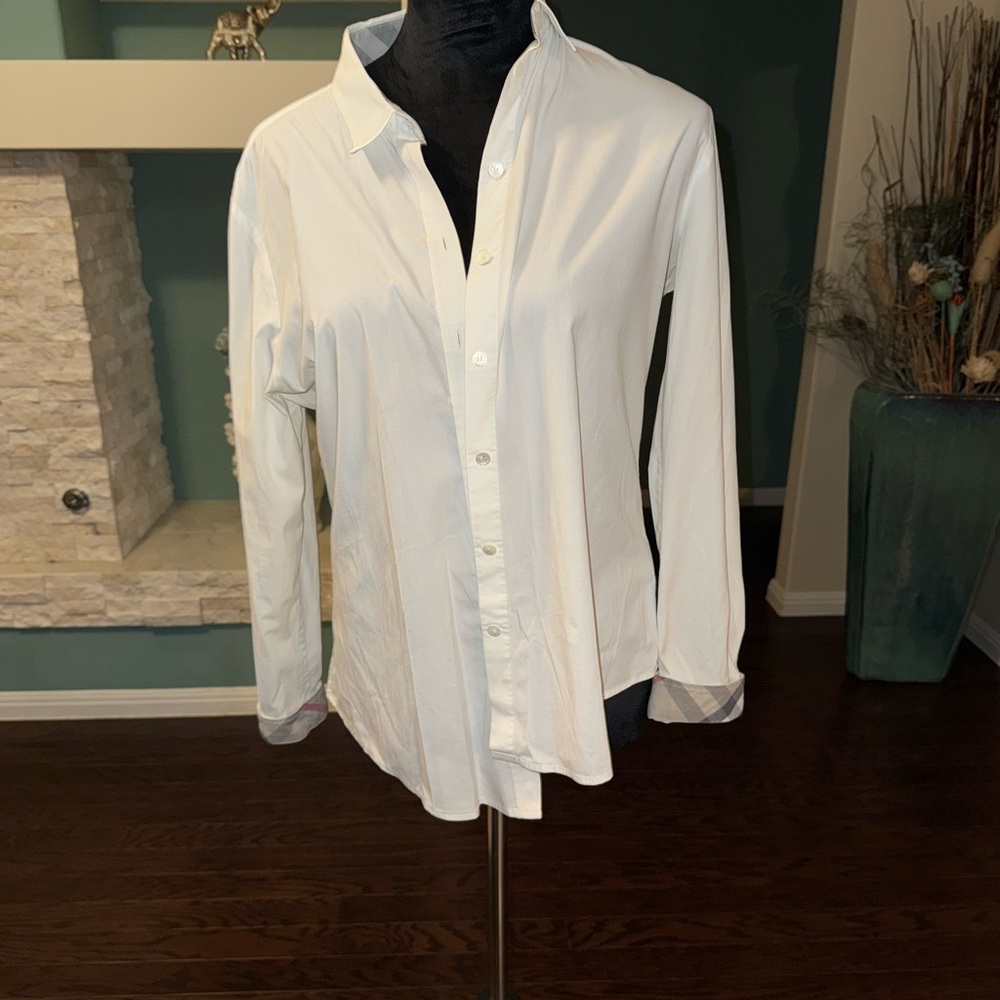 Burberry White and Tan Plaid Accent Shirt